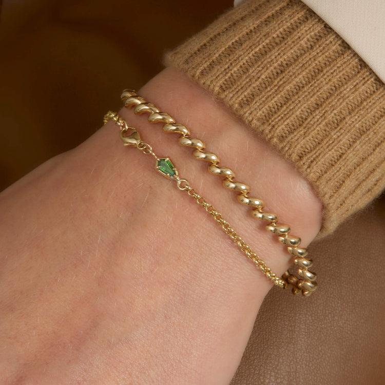 Image of 14K Yellow Gold Green Tourmaline Shield Bracelet with Stone and Strand Bracelets