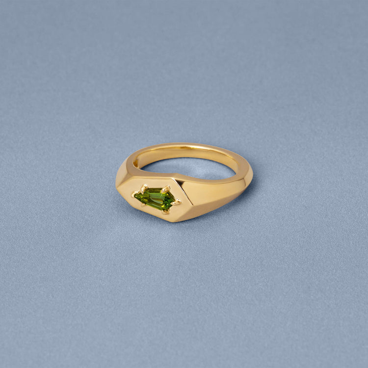 Stone and Strand 14K Yellow Gold Green Tourmaline Shield Pinky Ring Editorial Image