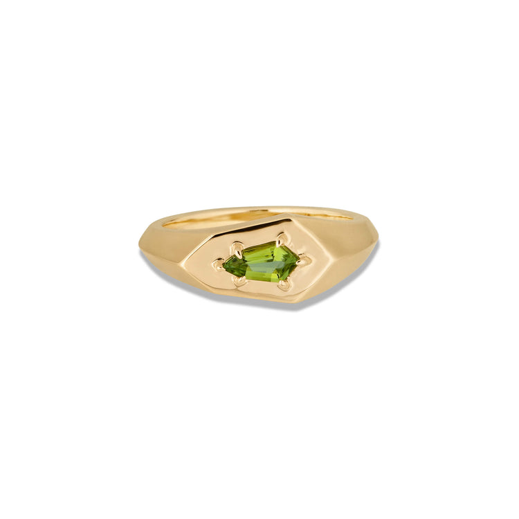 Stone and Strand 14K Yellow Gold Green Tourmaline Shield Pinky Ring Front Image