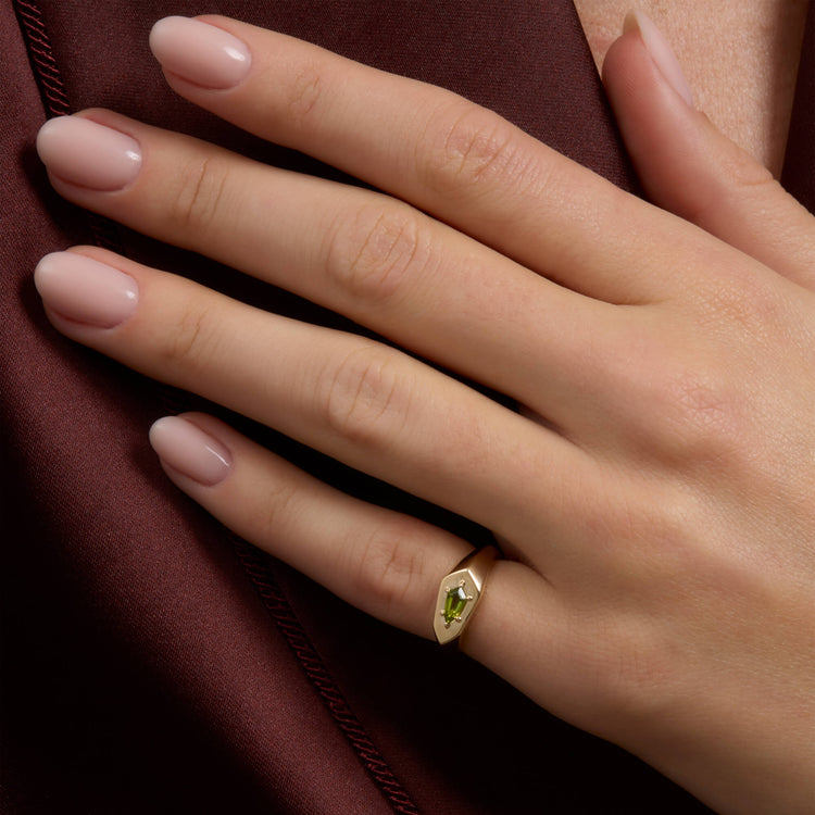 Image of 14K Yellow Gold Green Tourmaline Shield Pinky Ring on Models Hand