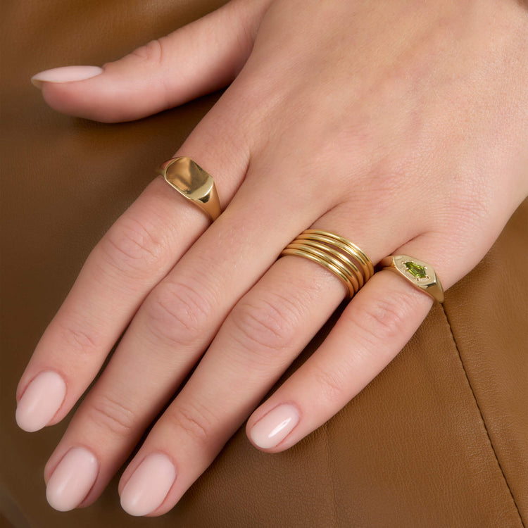 Image of 14K Yellow Gold Green Tourmaline Shield Pinky Ring with Stone and Strand Rings