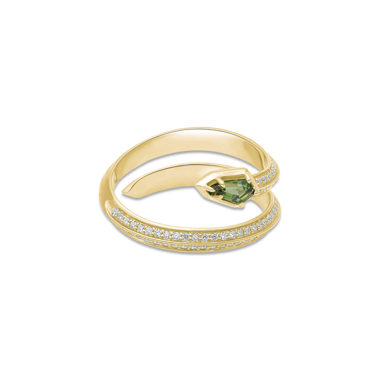 Stone and Strand 14K Yellow Gold Green Tourmaline Shield Serpent Ring Front Image