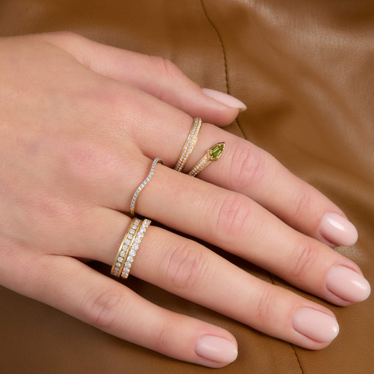 Image of 14K Yellow Gold Green Tourmaline Shield Serpent Ring with Stone and Strand Rings