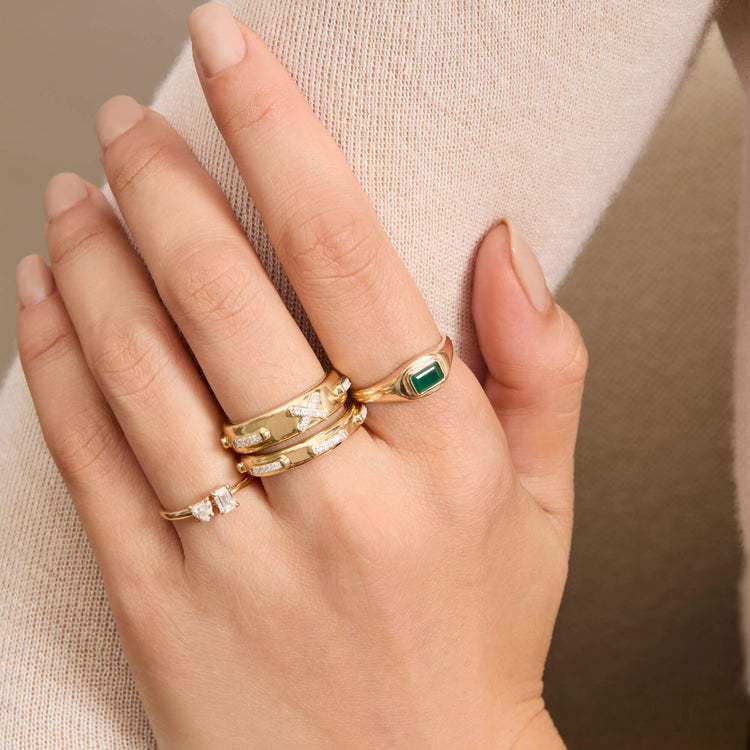 Image of 14K Yellow Gold Emerald Cut Birthstone Signet with Stone and Strand Rings