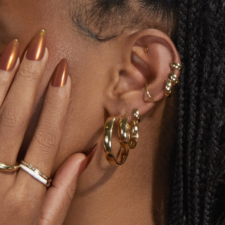 Image of 10K Yellow Gold Medium Gold Glider Hoops with Stone and Strand Earrings