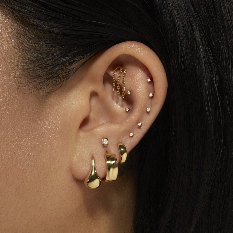 Image of 10K Yellow Gold Golden Droplet Huggies with Stone and Strand Earrings