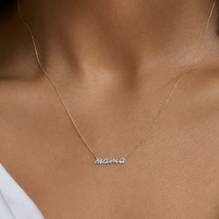 Image of 10K Yellow Gold Hey Mama Pave Necklace on Models Neck