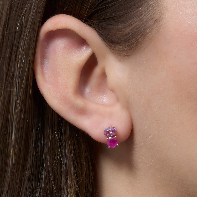 Image of 14K Yellow Gold High Volume Pink Power Earrings on Models Ear