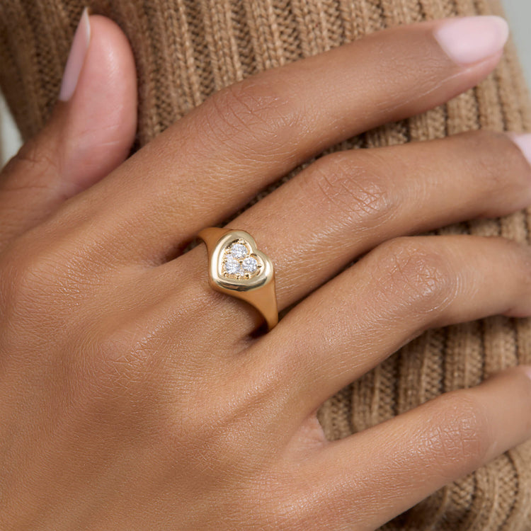 Image of 14K Yellow Gold Hold My Heart Signet Ring on Models Hand