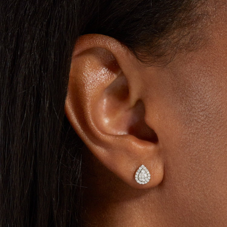 Image of 14K White Gold Perfect Pear Mosaic Diamond Studs on Models Ear