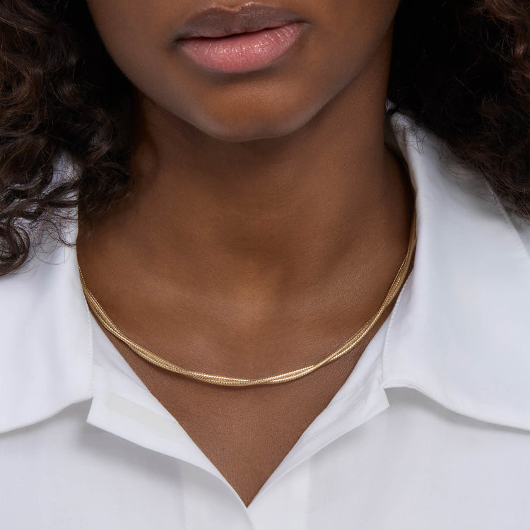 Image of 14K Yellow Gold Interwoven Gold Necklace on Models Neck