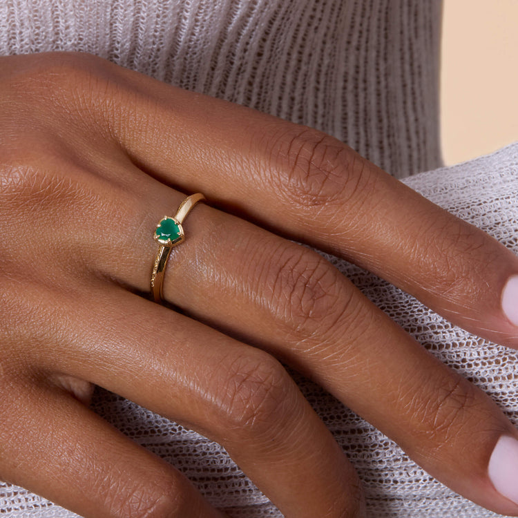 Image of 14K Yellow Gold Knife Edge Emerald Heart Ring on Models Hand