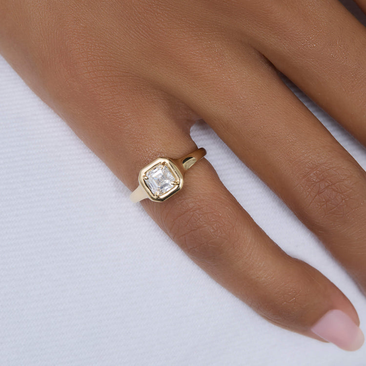 Image of 14K Yellow Gold LAB-Created Asscher Icon Pinky Ring on Models Hand