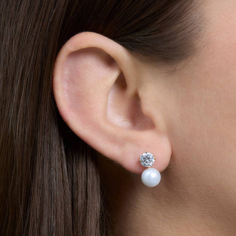 Image of 14K Yellow Gold LAB-Created Buddy Stud Pearl Earrings on Models Ear