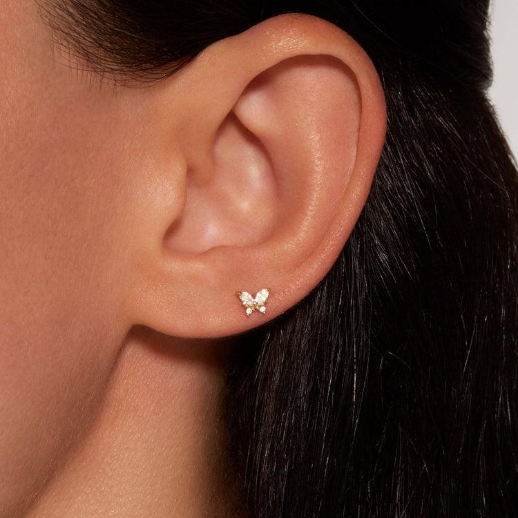 Image of 14K Yellow Gold Lab-Created Diamond Butterfly Push Pin Flat Back on Models Ear