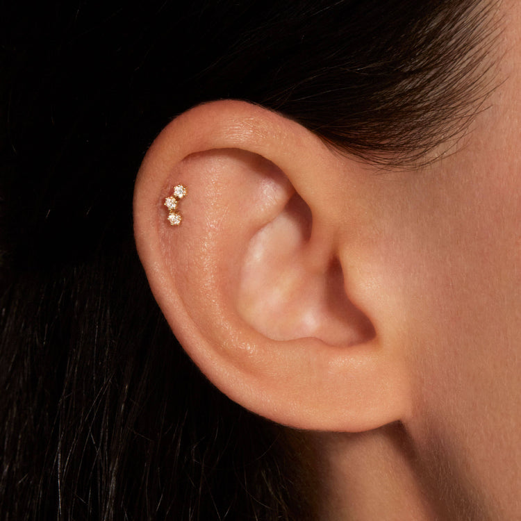 Image of 14K Yellow Gold Lab-Created Diamond Curve Push Pin Flat Back on Models Ear
