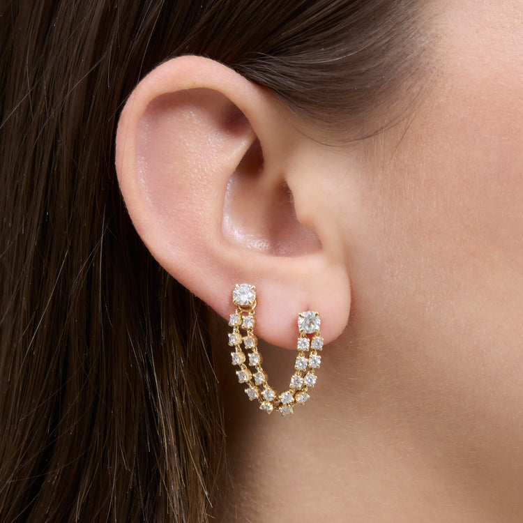 Image of 14K Yellow Gold LAB-Created Diamond Double Connector Earring on Models Ear