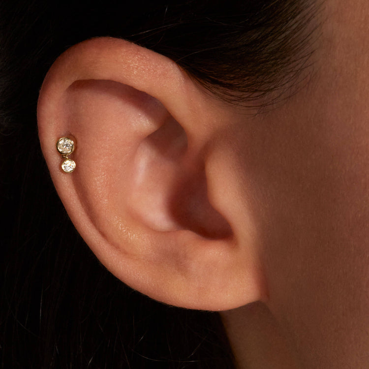 Image of 14K Yellow Gold Lab-Crated Diamond Drop Push Pin Flat Back on Models Ear