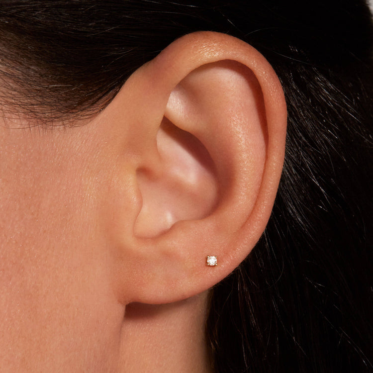 Image of 14K Yellow Gold Lab-Created Diamond Push Pin Flat Back 2mm on Models Ear