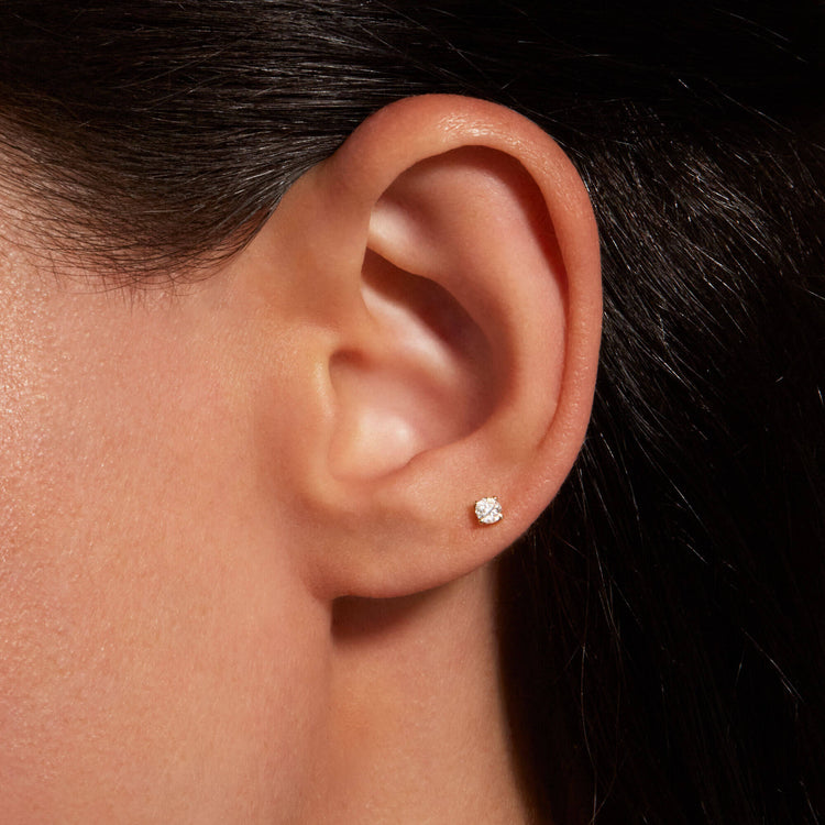 Image of 14K Yellow Gold Lab-Created Diamond Push Pin Flat Back 3mm on Models Ear