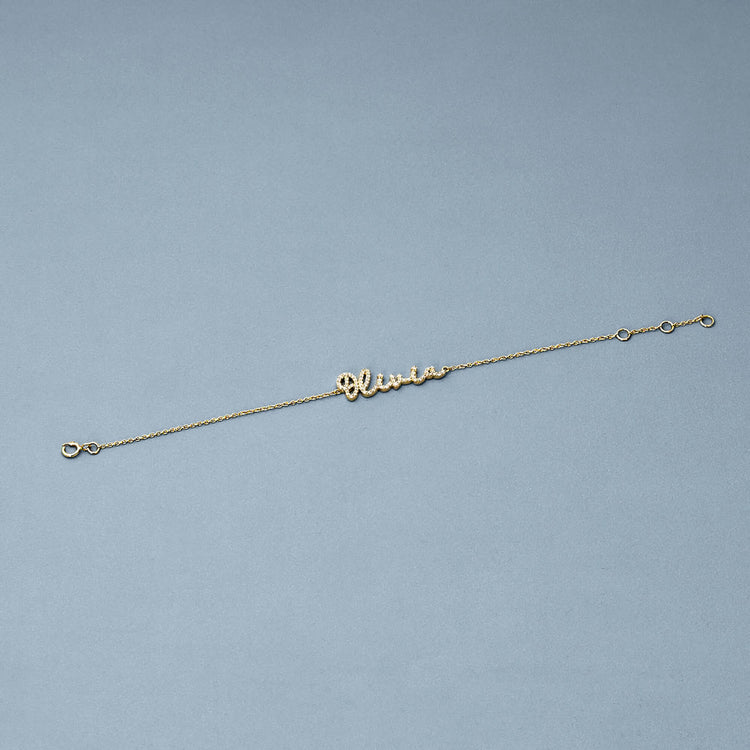 Stone and Strand 14K Yellow Gold LAB-Created Diamond Script Nameplate Bracelet Editorial Image