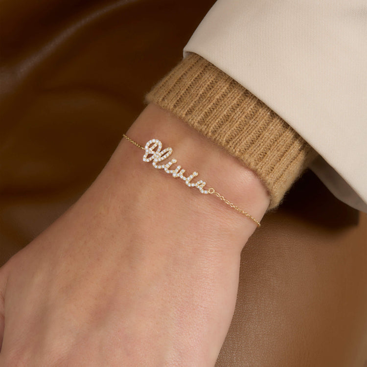 Image of 14K Yellow Gold LAB-Created Diamond Script Nameplate Bracelet on Models Arm