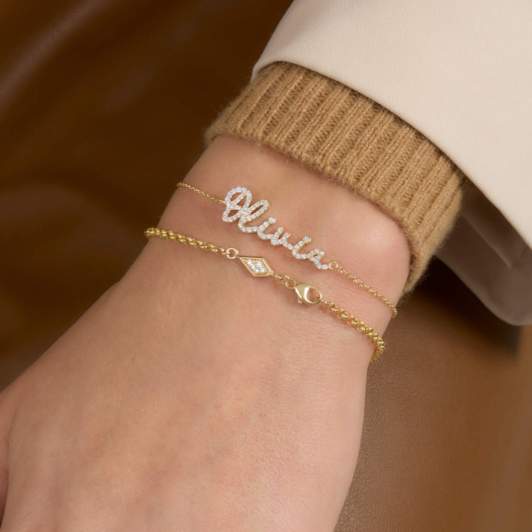 Image of 14K Yellow Gold LAB-Created Diamond Script Nameplate Bracelet with Stone and Strand Bracelets
