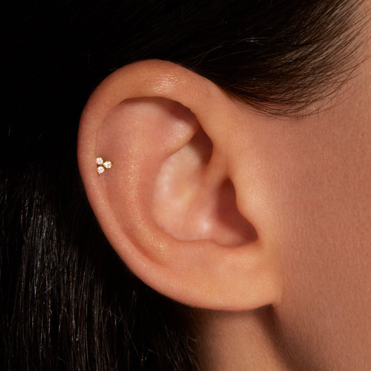 Image of 14K Yellow Gold Lab-Created Diamond Trio Push Pin Flat Back on Models Ear
