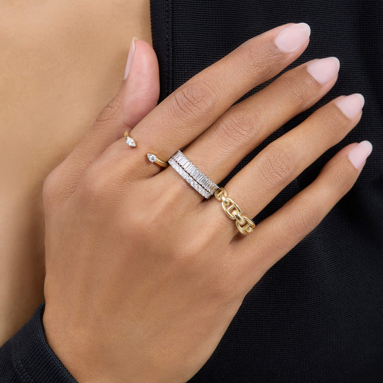 Image of 14K White Gold Lab-Created Diamond Up and Down Baguette Ring with Stone and Strand Rings