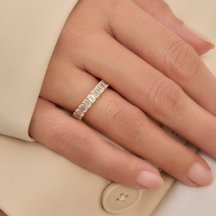 Image of 14K Yellow Gold Lab-Created Emerald Cut Eternity Band on Models Hand