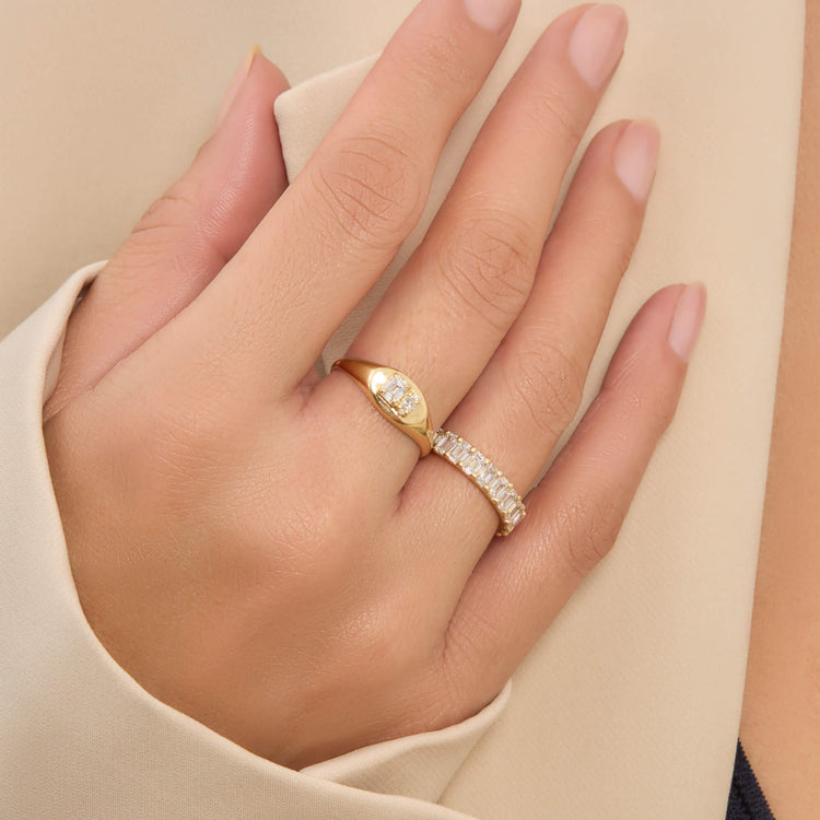 Image of 14K Yellow Gold Lab-Created Emerald Cut Eternity Band with Stone and Strand Rings