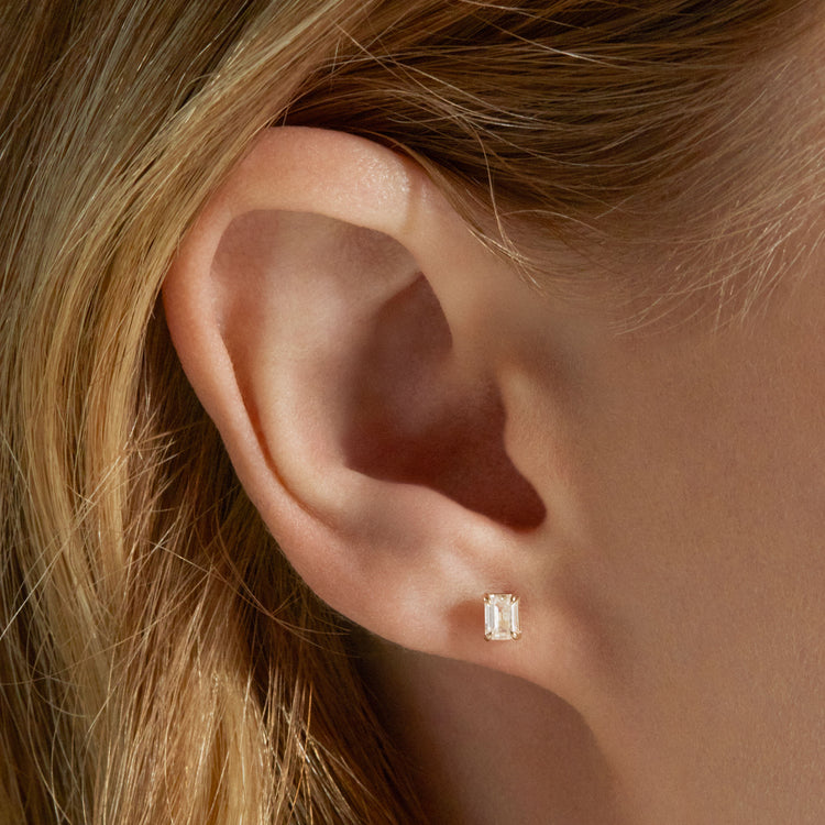 Image of 14K Yellow Gold Lab-Created Diamond Looking Glass Studs on Models Ear