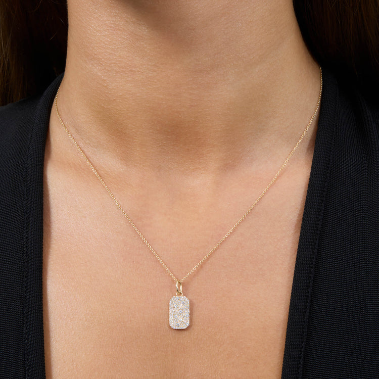 Image of 14K Yellow Gold LAB-Created Hold Me Diamond Tag Necklace on Models Neck