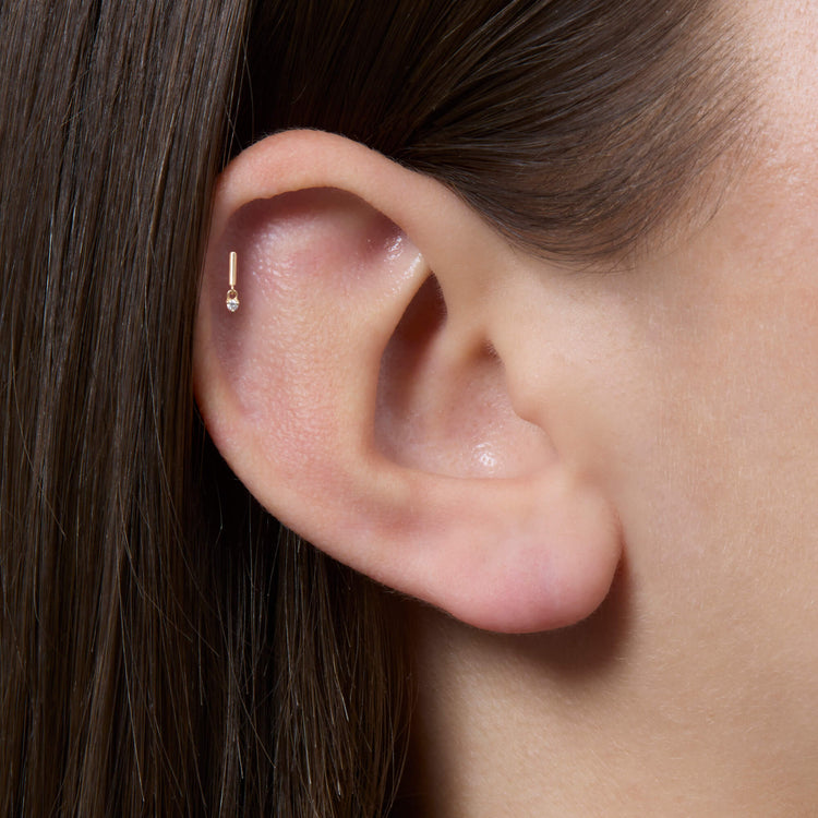Image of 14K Yellow Gold LAB-Created Line Drop Second Hole Flat Back Piercing Earring on Models Ear