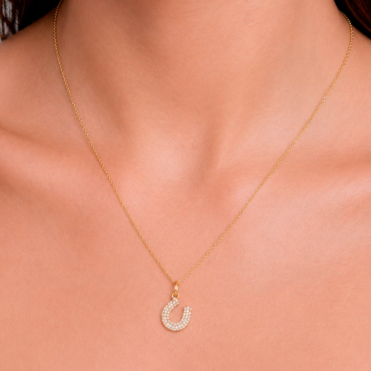 Image of 10K Yellow Gold LAB-Created Lucky Horseshoe Charm on Models Neck