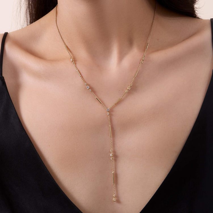 Image of 14K Yellow Gold LAB-Created Morse Code Lariat Necklace on Models Neck