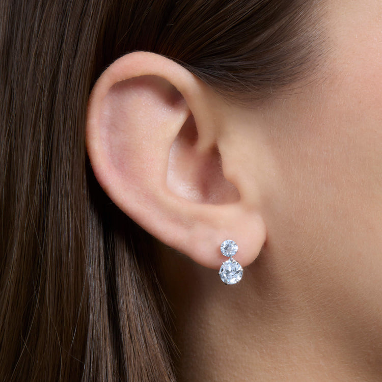 Image of LAB-Created Old Mine Cut Double Diamond Platinum Earrings on Models Ear