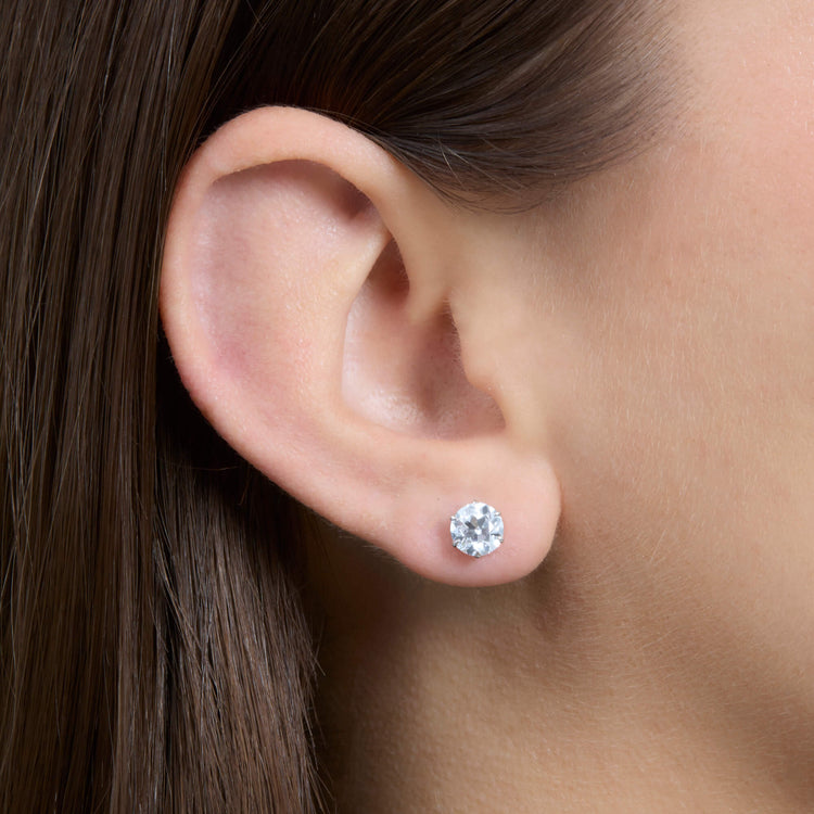 Image of LAB-Created Old Mine Cut Platinum Stud Earrings on Models Ear