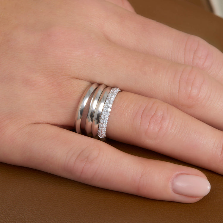 Image of Sterling Silver LAB-Created Pave Knife Edge Stacking Ring with Stone and Strand Rings