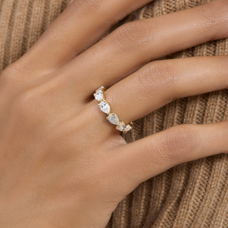 Image of 14K Yellow Gold Lab-Created Pear Eternity Band on Models Hand