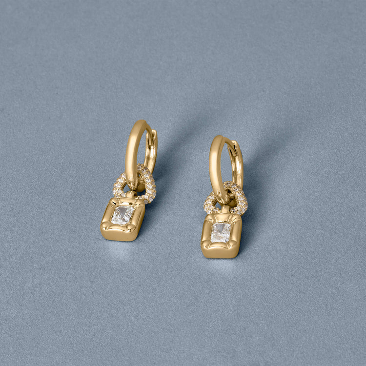Stone and Strand 14K Yellow Gold LAB-Created Radiant Huggie Drop Pave Earrings Editorial Image