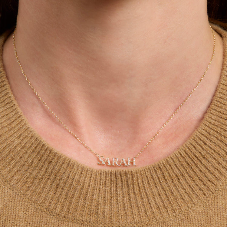 Image of 14K Yellow Gold LAB-Created Serif Nameplate Necklace on Models Neck