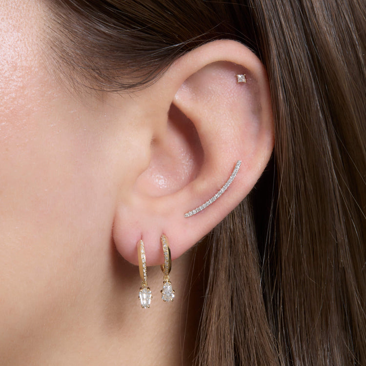Image of 14K Yellow Gold LAB-Created Shield Diamond Pave Huggies with Stone and Strand Earrings