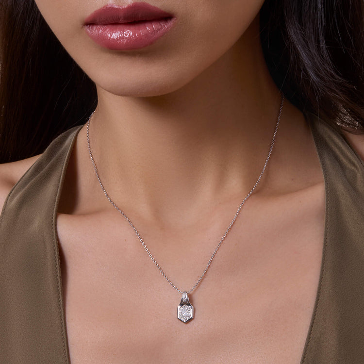 Image of Sterling Silver LAB-Created Pave Hexagon Charm on Models Neck