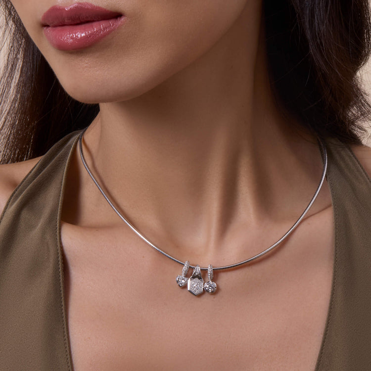 Image of Sterling Silver LAB-Created Pave Hexagon Charm with Stone and Strand Charms & Necklace