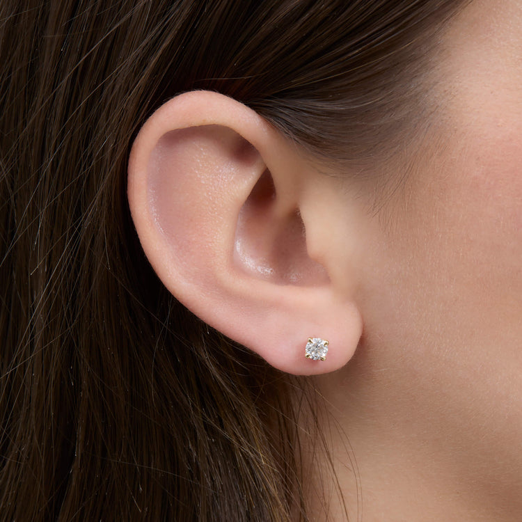 Image of 14K Yellow Gold LAB-Created Diamond Essential Round Stud Earrings on Models Ear