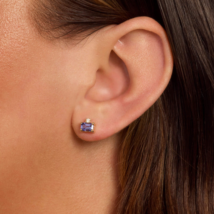 Image of 10K Yellow Gold Lakeside Diamond Buddy Stud with Tanzanite on Models Ear