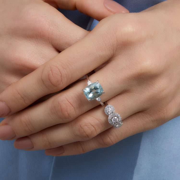 Image of 14K White Gold Le Bleu Aquamarine Diana Ring with Stone and Strand Rings