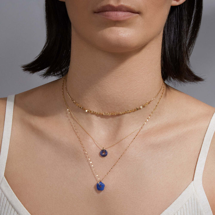 Image of 10K Yellow Gold Little Buttercup Blue Agate Charm with Stone and Strand Necklaces
