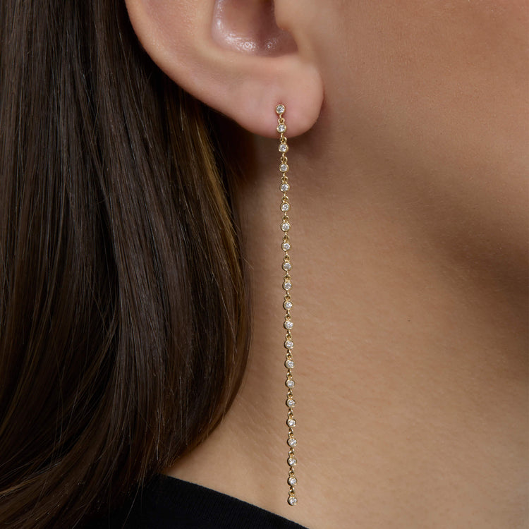 Image of 14K Yellow Gold Long Diamond Stream Earring on Models Ear